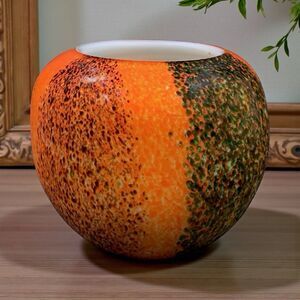 HQT Vtg Murano-Style Encased Art Glass Bowl – Orange/Green/Brown Spatter Pattern